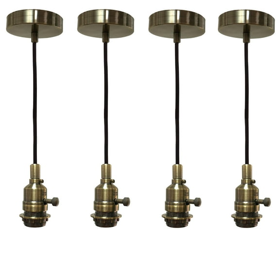 Royal Designs Vintage-Style Gun Metal Gray Keyless Uno Threaded Dimmable Pendant Light Socket and Canopy with Black Rayon Fabric Cord, Set of 4