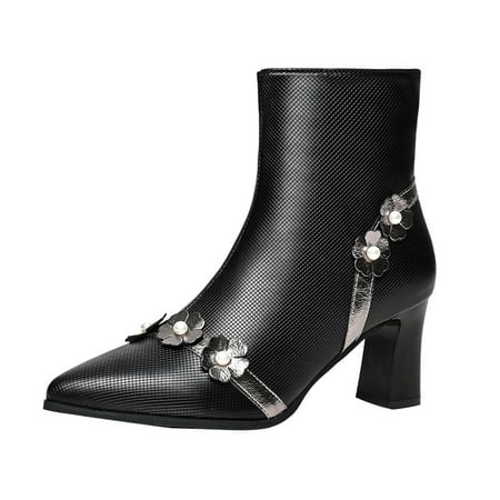 

Black Boots for Women 2022 Women s New Autumn And Winter Boots New Flower Short Boots Women s Pointed Toe Thick Heel Zipper Ankle Boots High Heels high heels for Women PU Black