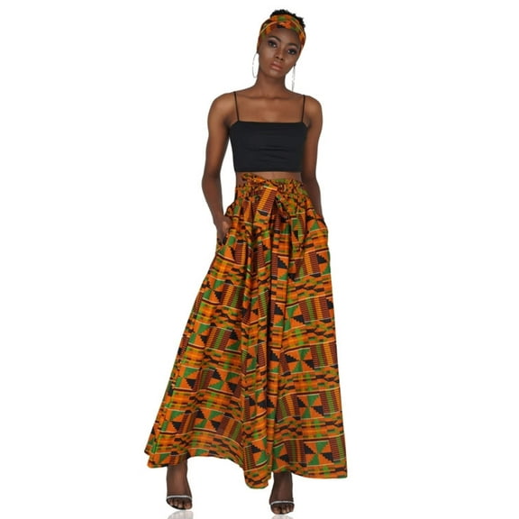African Women's Cotton Maxi Skirt with Matching Headwrap  - One Size Fits All