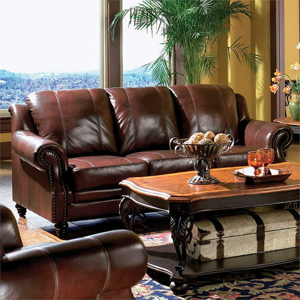 Bowery Hill Leather Sofa With Rolled, Rolled Arm Leather Sofa