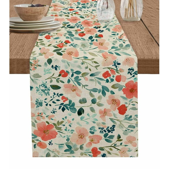 Table Runner Dresser Scarf 14 x 72 Inch Spring Wild Flowers Floral Leaf Linen Vintage Table Runners Non-Slip Heat Kitchen Dining Table Decor for Indoor Outdoor Home Party Decoration