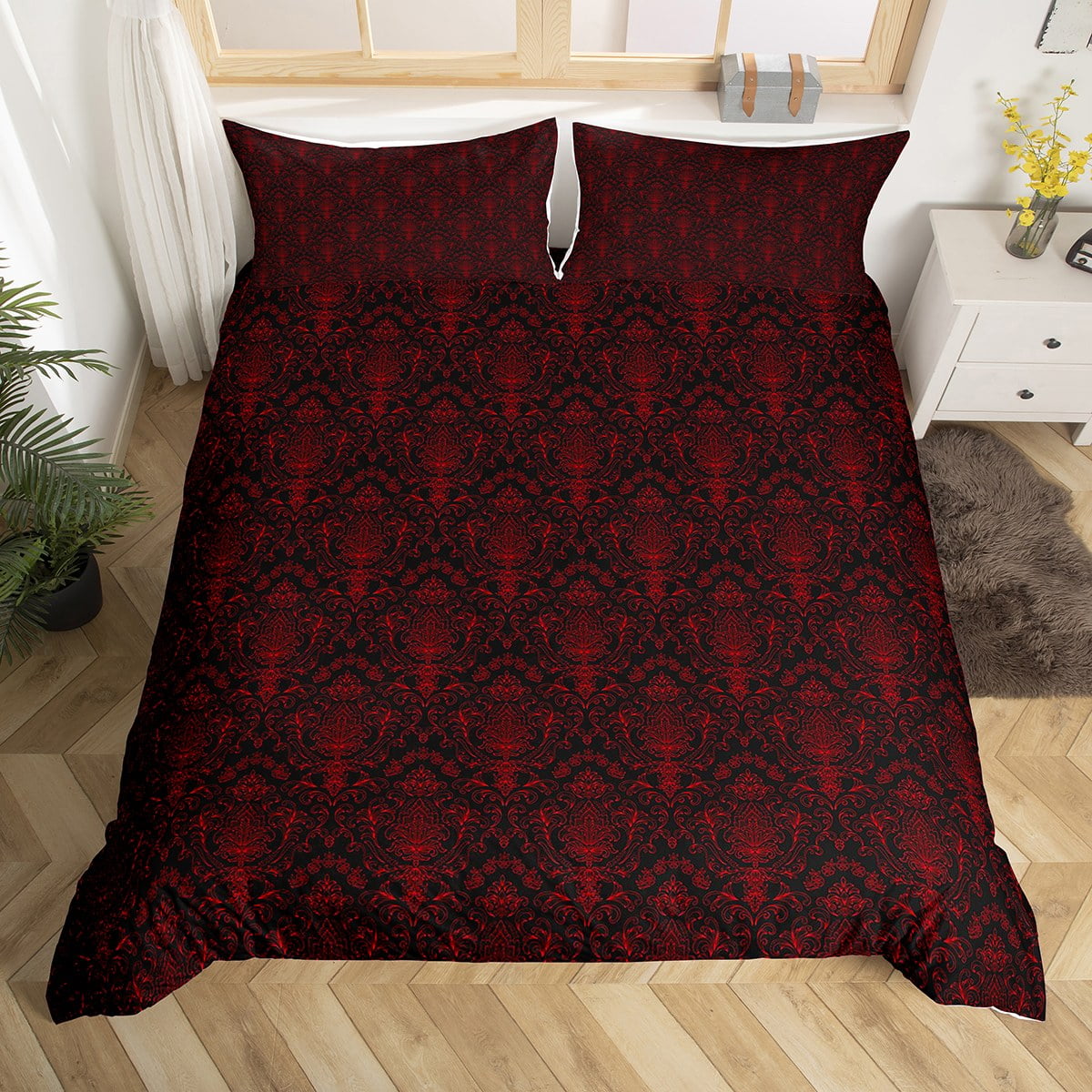 YST Gothic Red Damask Bedding Set Queen Boho Baroque Medallion