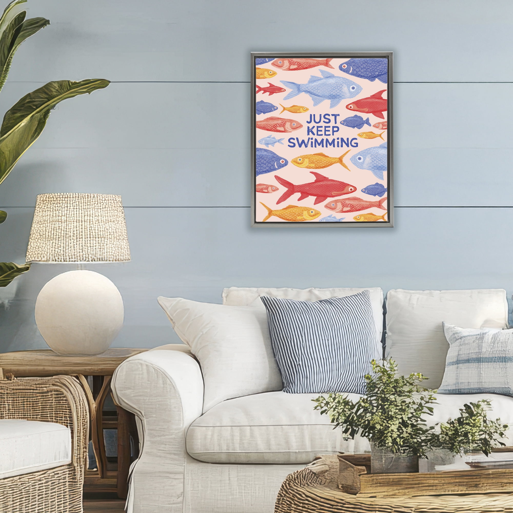 Stupell Industries Just Keep Swimming Fish Gray Framed Floater Canvas Wall Art, design by The Paper Curator