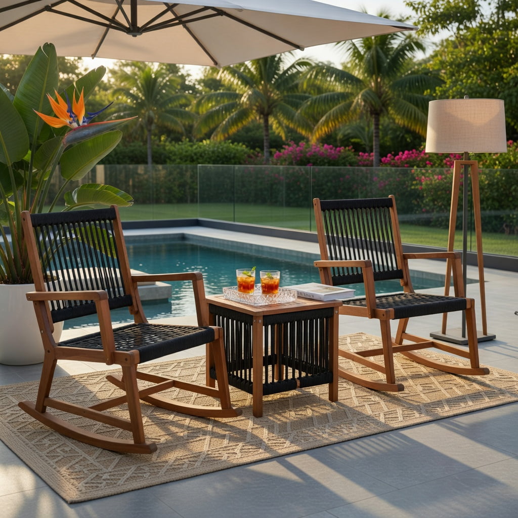 Hommoo 3-Piece Outdoor Acacia Wood Rocking Bistro Set with Breathable Plastic Rope Chairs & Square Coffee Table, Navy