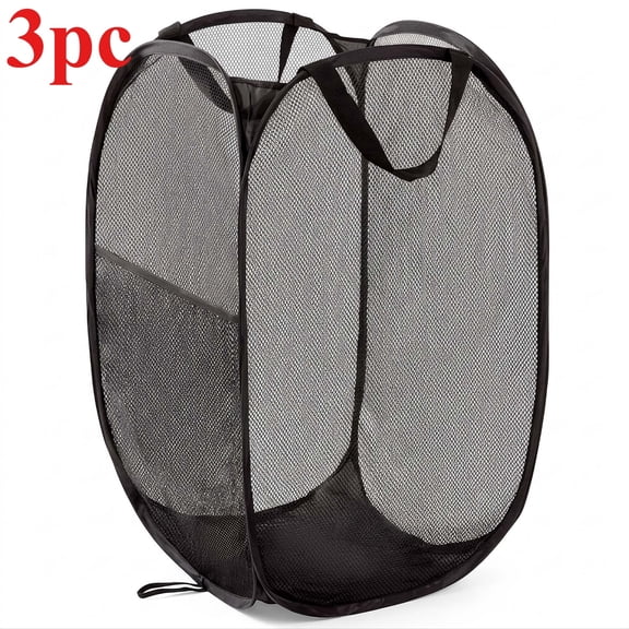 3pc Pop-Up Collapsible Mesh Laundry Hampers with Side Pockets, Breathable Black