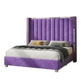 thumbnail image 3 of Merluxy Queen Bed Frame with 58" Tall Headboard, Velvet Upholstered Platform with Channel Tufted Wingback Headboard and Plating Trim, Purple, 3 of 8