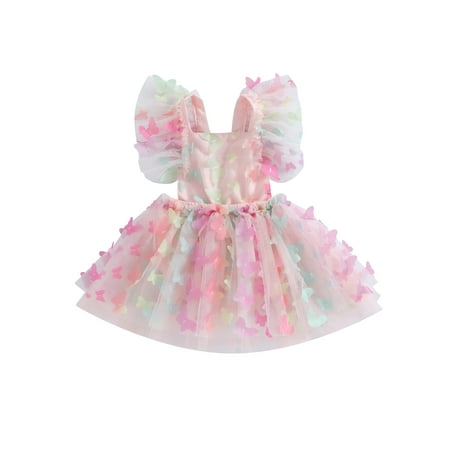 

Suanret Toddler Baby Girls Romper Dress Fly Sleeve Square Neck Backless Tie-up A-line Dress Tulle Dress Colorful 6-12 Months