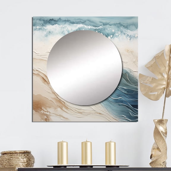 Designart "Amber And Azure Seashore Sand Blend V" Coastal Beach Sand Square Mirror For Wall Decor - Large Grey Square Printed Wall Mirror Art - Square Coastal Mirror - Wall Mounted Square Mirror