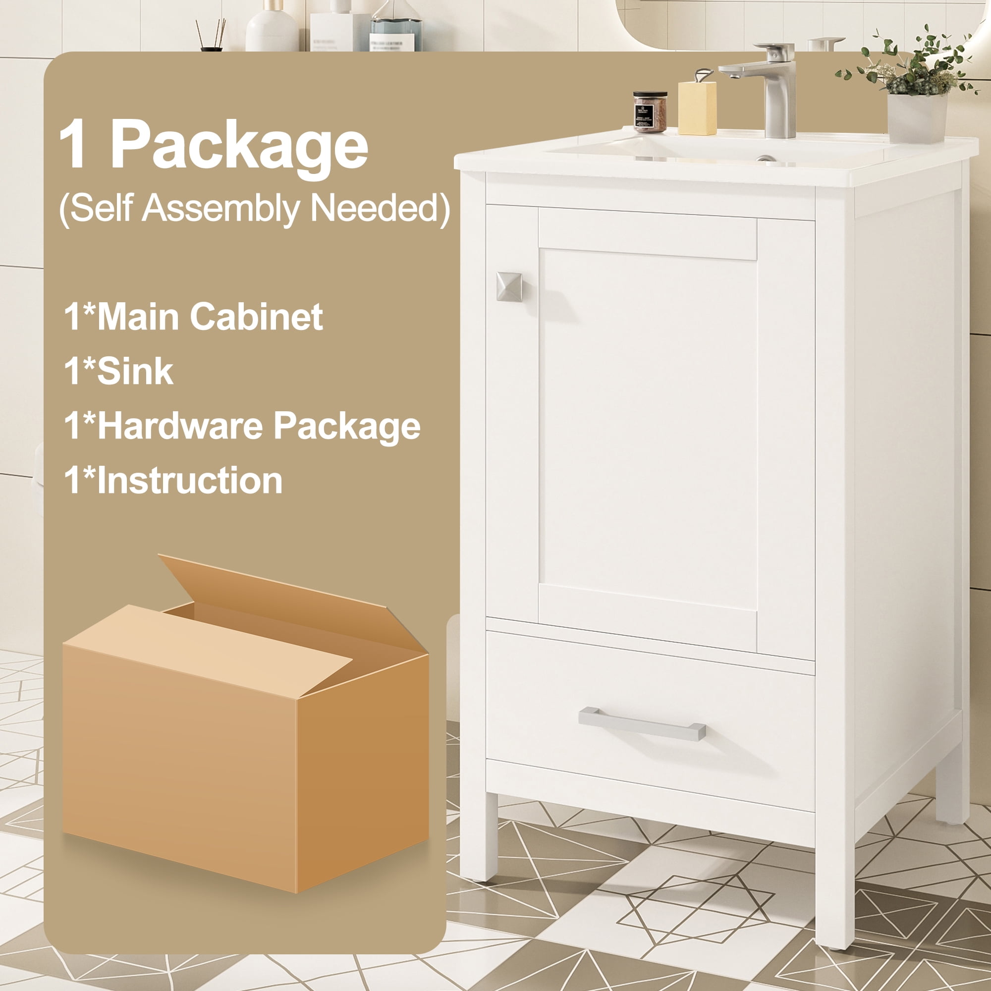 Euroco 20-Inch Modern Bathroom Vanity with Ceramic Sink, Soft-Close Drawer & Door, Double-Layer Door Organizer, Divider Drawer, Adjustable Foot Pads