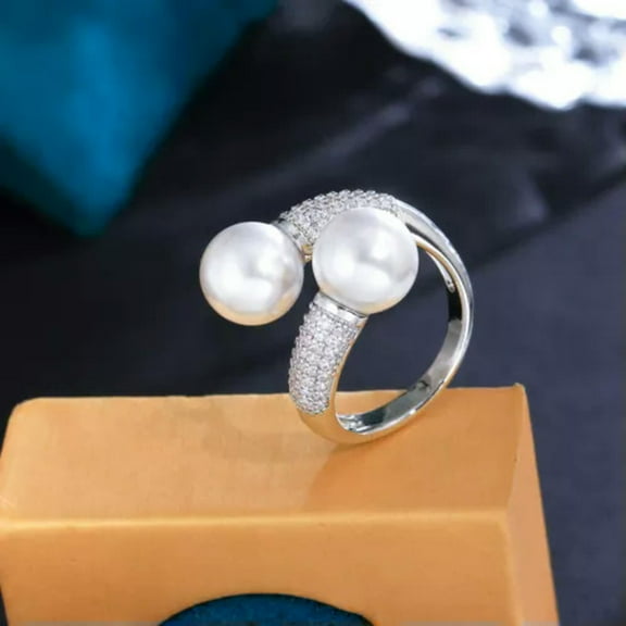 CZ Double Pearl Ring Cubic Zirconia Silver Plated White Cocktail Party Jewellery