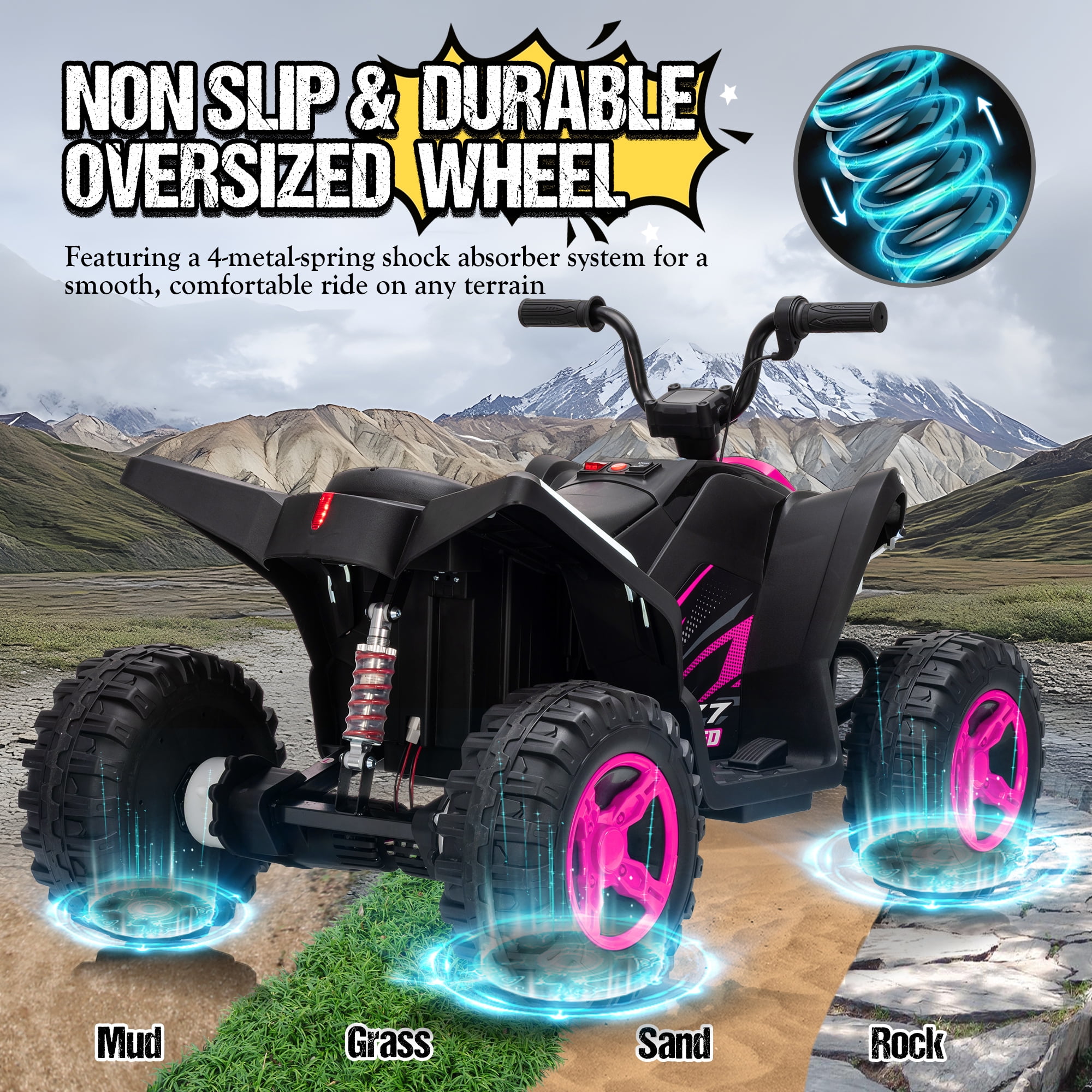 Kids ATV 4 Wheeler, Two Seater 24V Ride On Toy for Big Kid w/Unique LED Light, Music, Wireless, Story, 24 Volt Ride on Car Electric Quad for Boys Girls, Pink