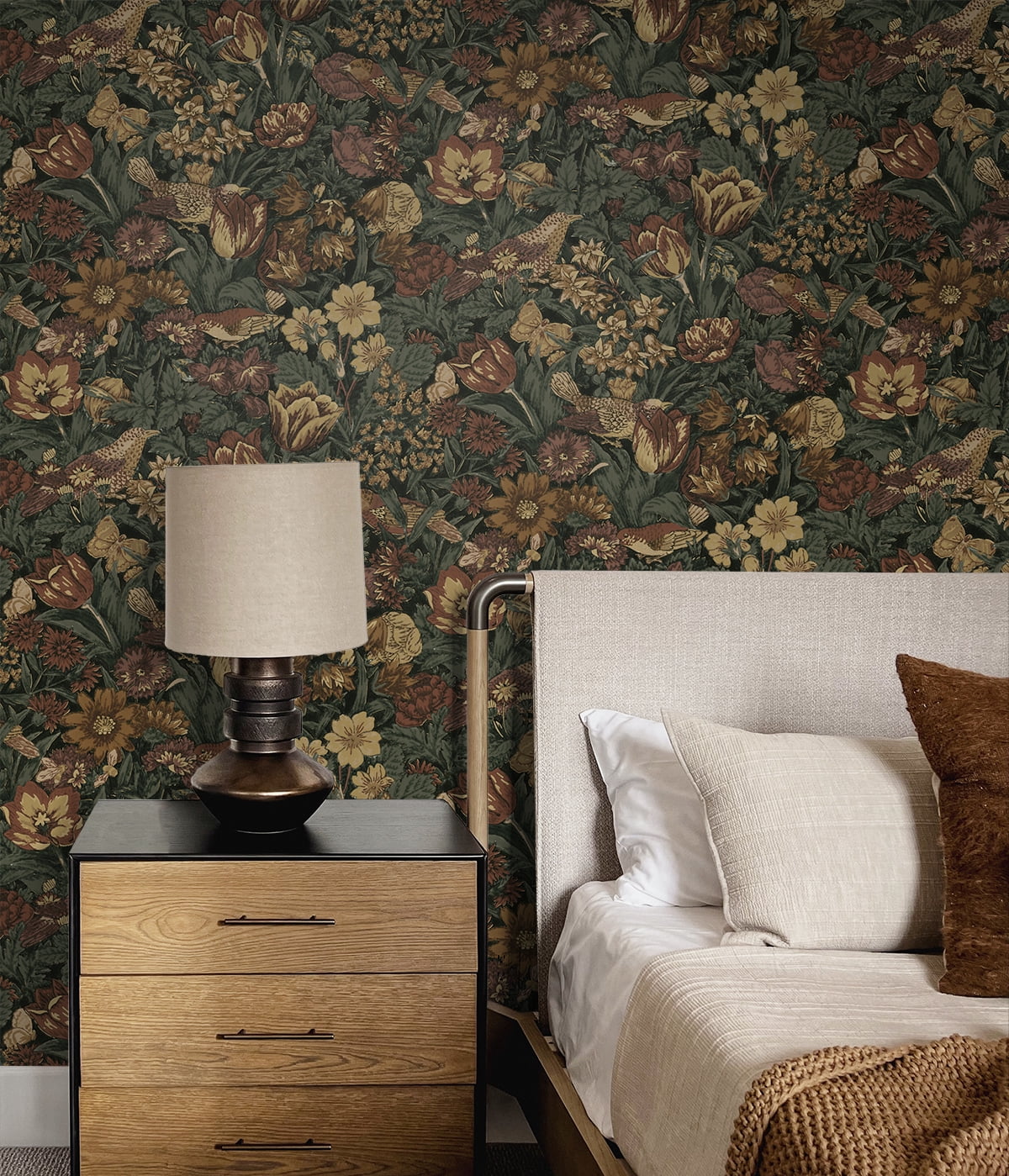 Seabrook Designs Mahogany & Graphite Bird Floral Prepasted Wallpaper