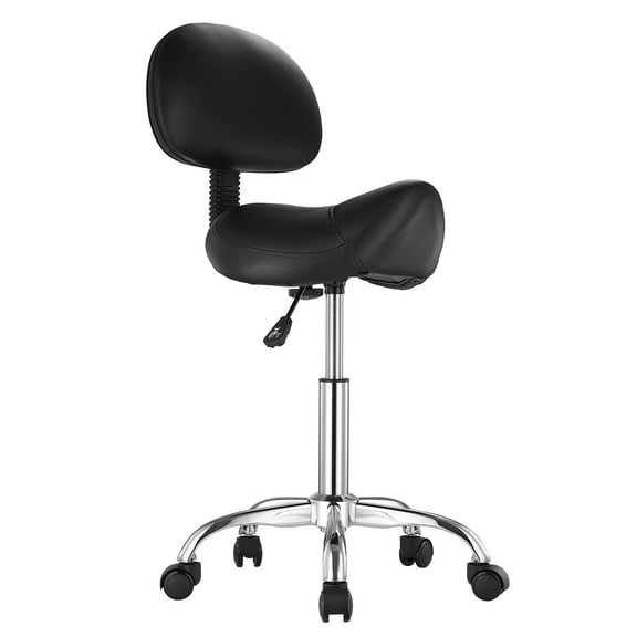 KFFKFF Swivel Saddle Stool, Upholstered in PU Leather, Rolling Stool with Supportive Backrest, 360° Rotating Drafting Stool with Enhanced Cushion, Adjustable Height for Office, Home, Salon & Bar