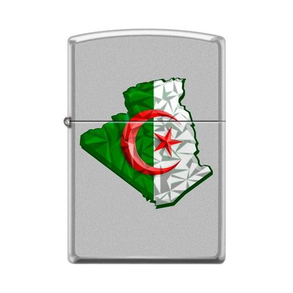 Zippo Lighter-Personalized Custom Message Engraved on Backside Algeria Flag Map Satin Chrome Windproof Lighter #Z5406