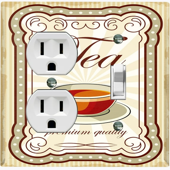 Metal Light Switch Wall Plate Outlet Cover (Coffee Mocha Tea Cup Beige White Frame - Single Duplex Single Toggle)