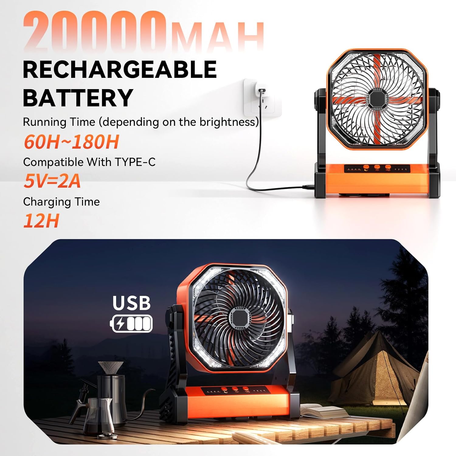 Camping LED fan with light, outdoor tent fan powered by 40000mAh rechargeable battery, with light and hook, 4 speed