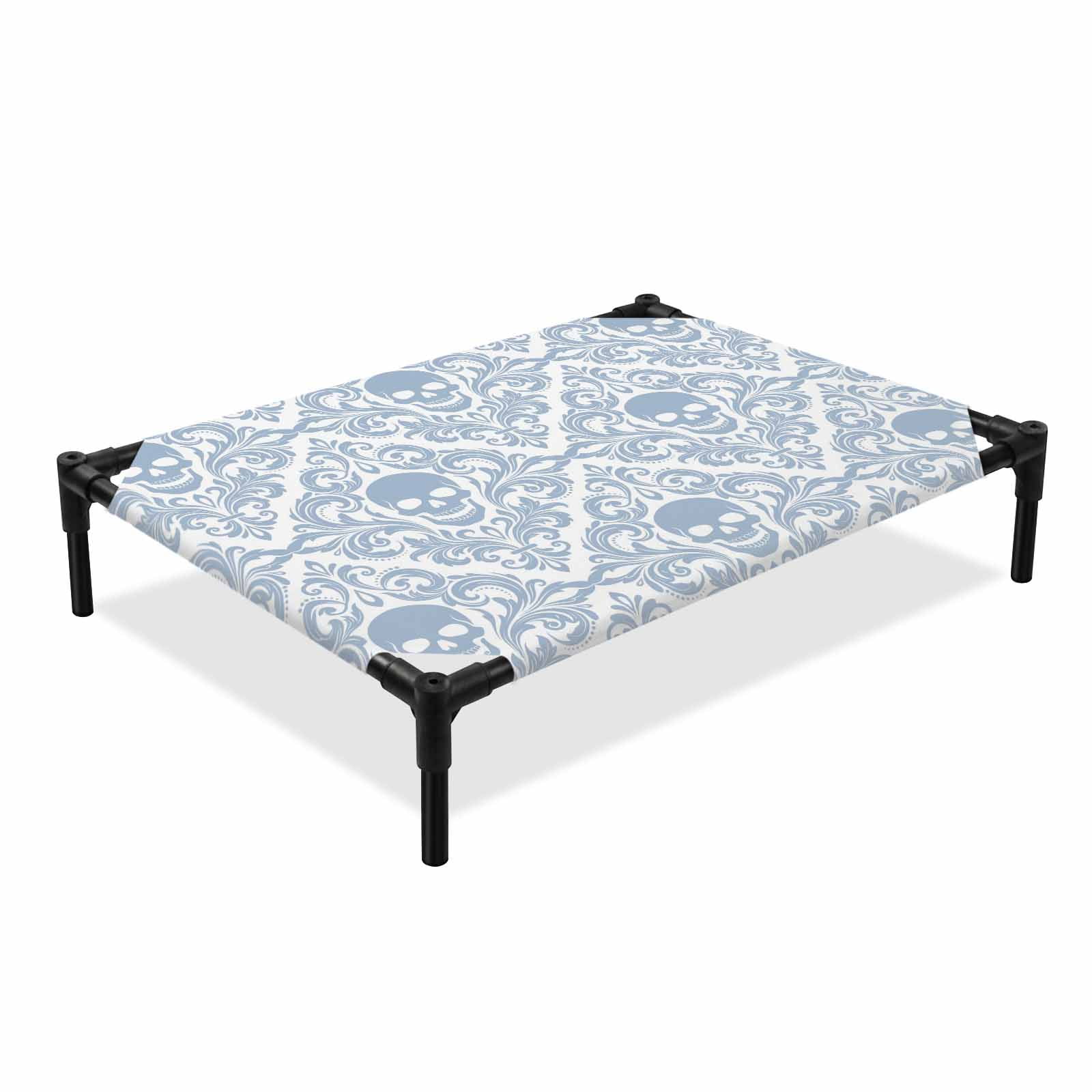 Baroque Style Elevated Dog Bed Grey Blue Skull Classical Floral Mysterious Cooling Breathable Outdoor Raised Dog Cot Bed with Metal Frame Non-Slip Feet for Large Dog 28x22in
