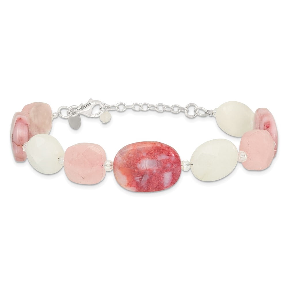 Diamond2Deal 925 Sterling Silver Pink Agate/Quartz, Jade, Crystal w/1in ext Bracelet for Women 8.75"