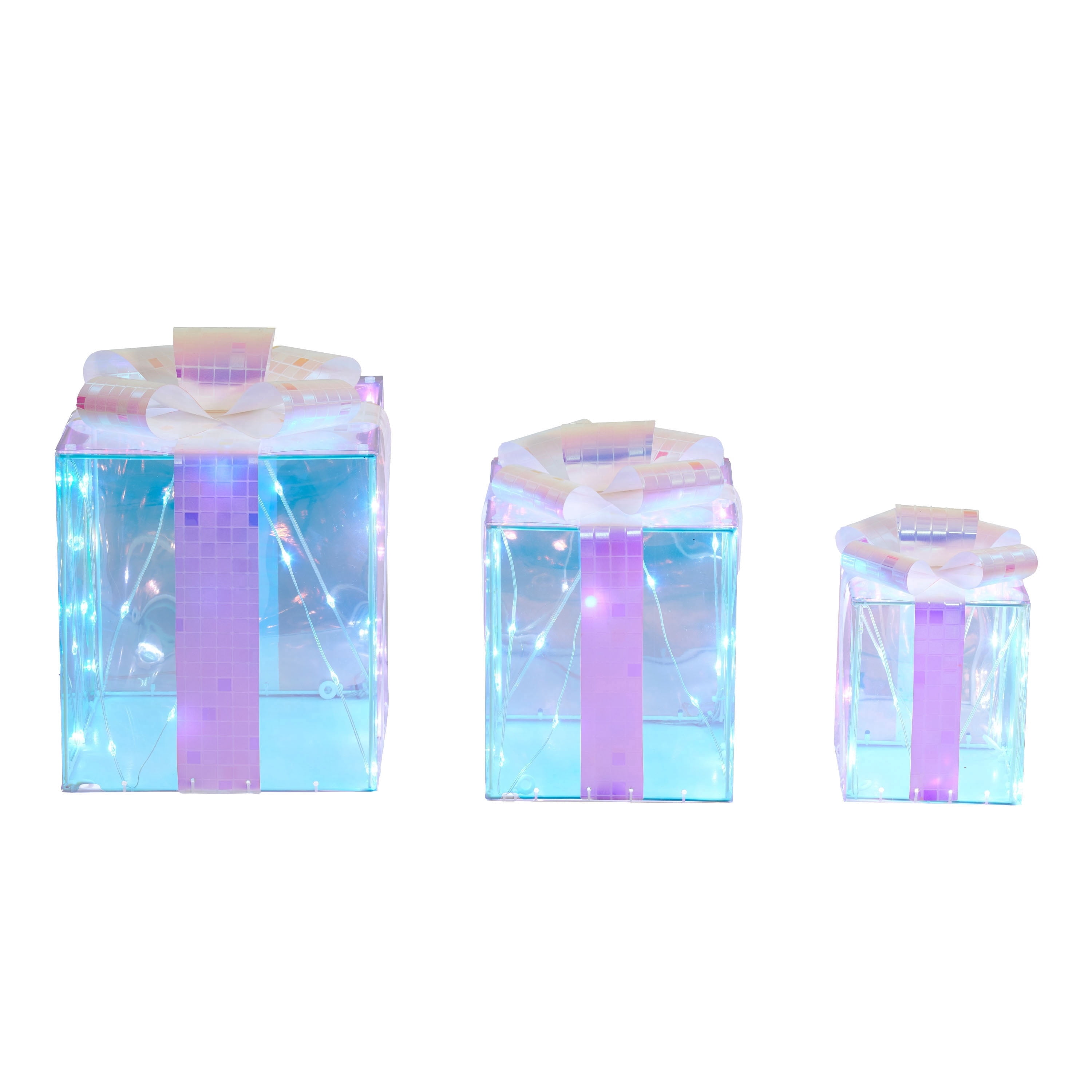 Indoor/Outdoor Light-Up Prismatic Gift Boxes Christmas Decorations with 80 LED Lights, Cool White, Set of 3, by Holiday Time