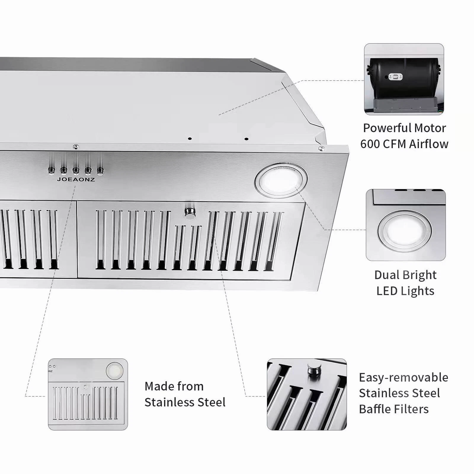 30 inch Built-In Range Hood 800CFM Kitchen Insert Stove Built In Insert Vent Hood 3-Speed Stainless Steel Kitchen Vent LED New