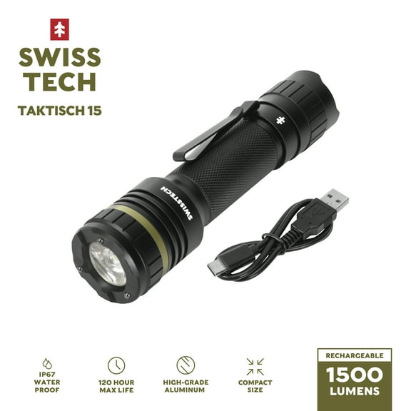 Swiss Tech 1500 Lumens Rechargeable Tactical LED Flashlight, Aluminum, Waterproof