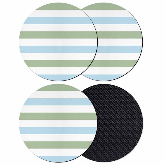 Sage Green Blue Striped Coasters Set of 4, Farmhouse Sage Green Stripes Absorbent Coasters for Drinks, Coaster for Bar Office Dining Coffee Table Accessories Decor, Non Slip Round Desk Coaster