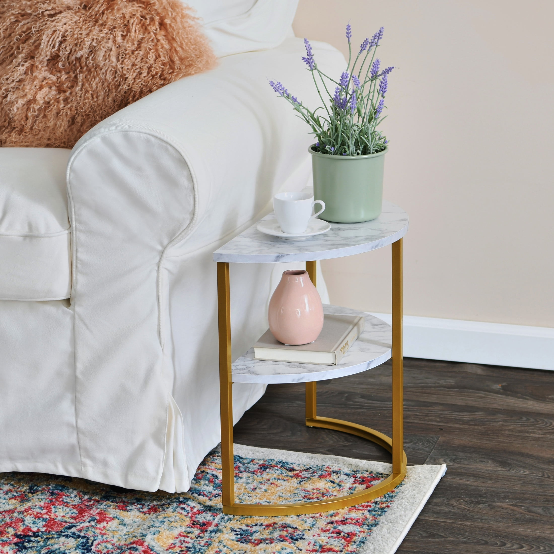 Household Essentials Half-Moon Modern End Table, White Marble