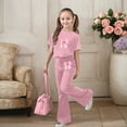 thumbnail image 2 of KKBOTIVE Cute Bow Print Outfit for Girls Fashion Short Sleeve Shirt and Flared Pants 2Pc Set for Kids Back to School Daily Wear, Light Pink Size: 7-8 Years, 2 of 5