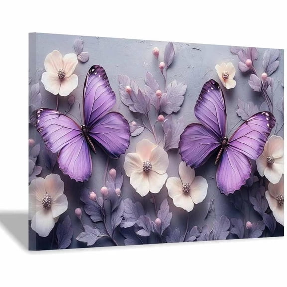 Mudket Framed Floral Canvas Wall Art Purple Butterfly Cream Flower Leaf Prints Wall Decor Modern Canvas Print Ready to Hang for Bedroom Bathroom Wedding Living Room Decor - 12"L x 8"W
