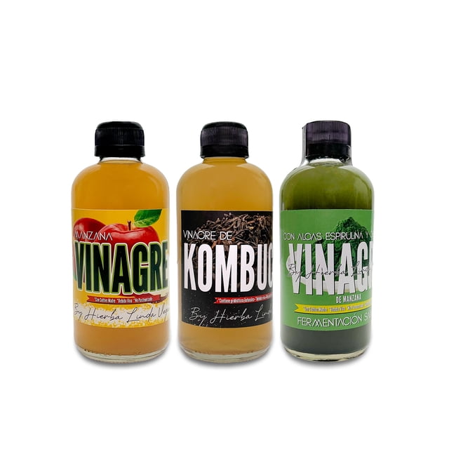 Vinagre De Manzana,Kombucha,Manzana Con Algas By Hierba Linda Vegan 3 Pack