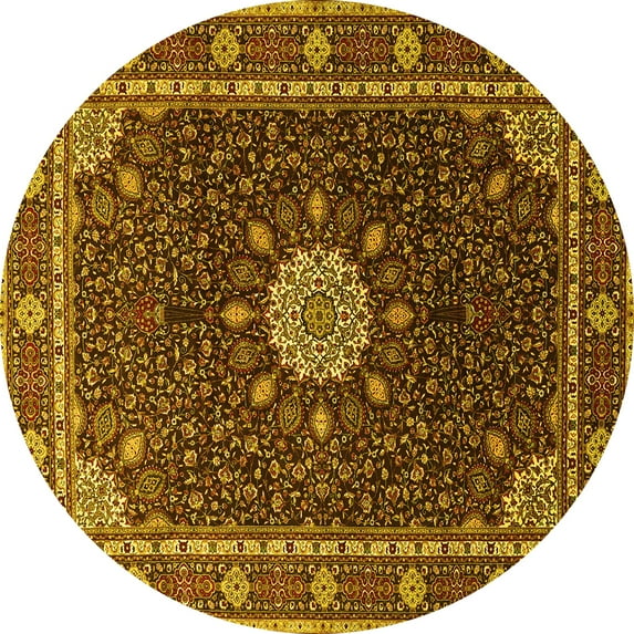 Ahgly Company Machine Washable Indoor Round Medallion Yellow Traditional Area Rugs, 4' Round
