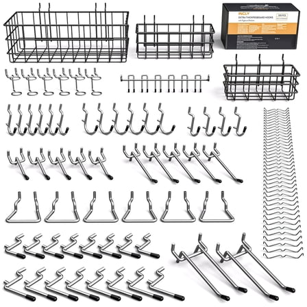 INCLY 1/4“ Extra Thick Pegboard Accessories Kit, 100PCS Heavy Duty Metal Peg Board Hook Assortment with 3 Sizes Pegboard Basket S/M/L Fit 1/4 Inch Pegboard for Garage Wall Organizer Hanging Tools