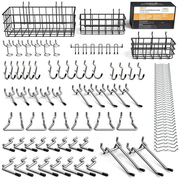 INCLY 1/4“ Extra Thick Pegboard Accessories Kit, 100PCS Heavy Duty Metal Peg Board Hook Assortment with 3 Sizes Pegboard Basket S/M/L Fit 1/4 Inch Pegboard for Garage Wall Organizer Hanging Tools