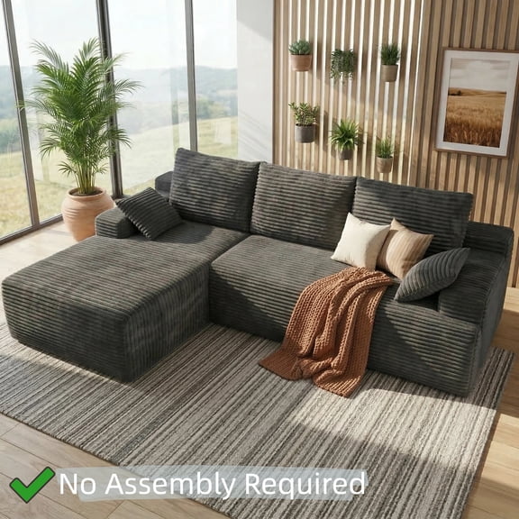 Sofa, Lofka 105" Cloud Modular Sectional Sofa, No-Assembly Corduroy L-Shape Boneless Couch with Chaise, Deep Seat, Gray