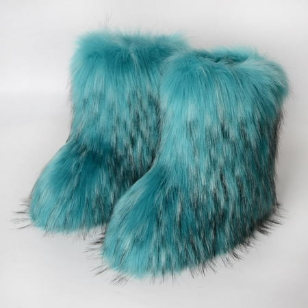 

Women s Faux fur Boots Winter -Calf Warm Snow Boots Fuzzy Fluffy Furry Comfy Short Boots Indoor Outdoor Flat Boots