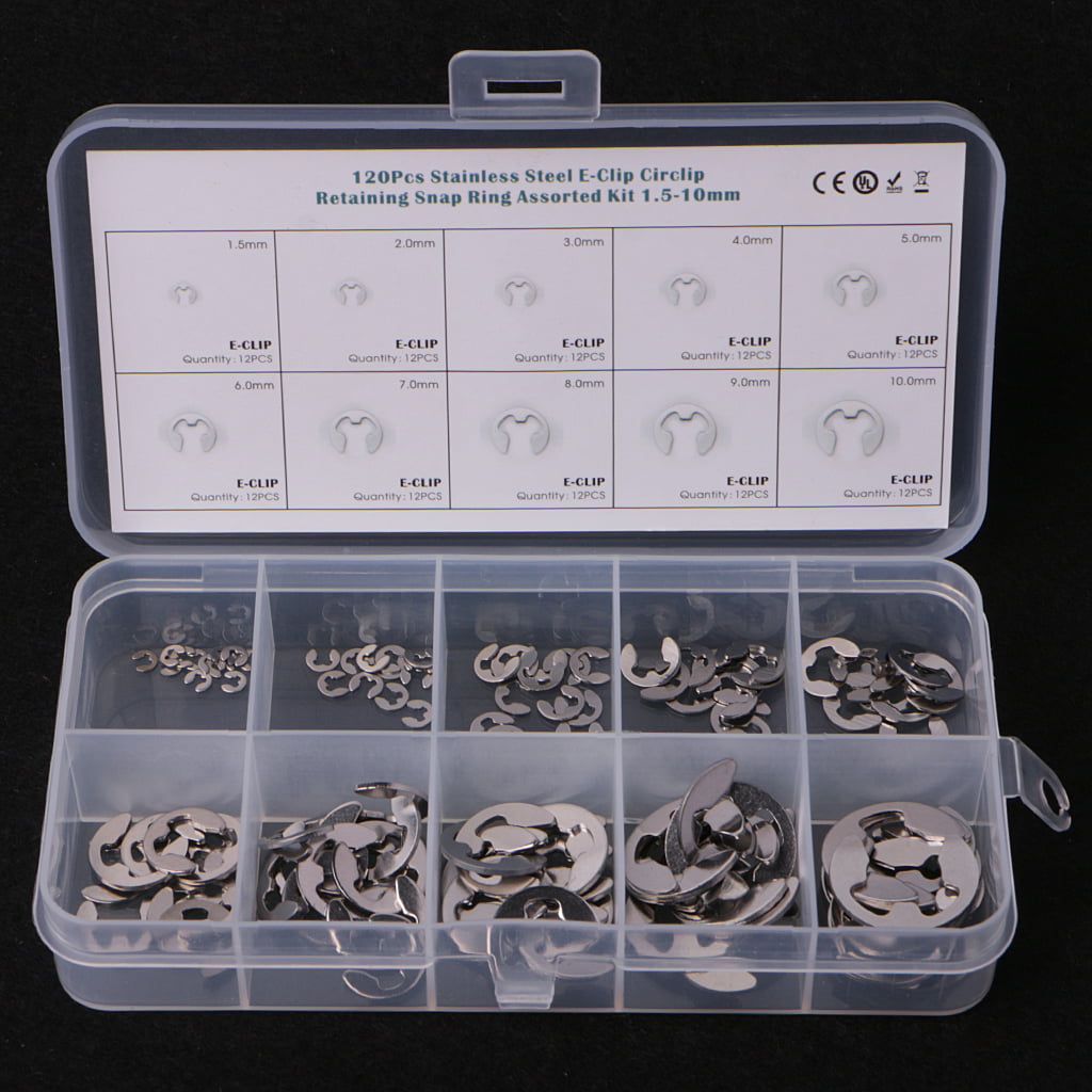 120Pcs 304 Stainless Steel E-Clip Retaining Circlip Assortment Kit 1.5mm to 10mm 