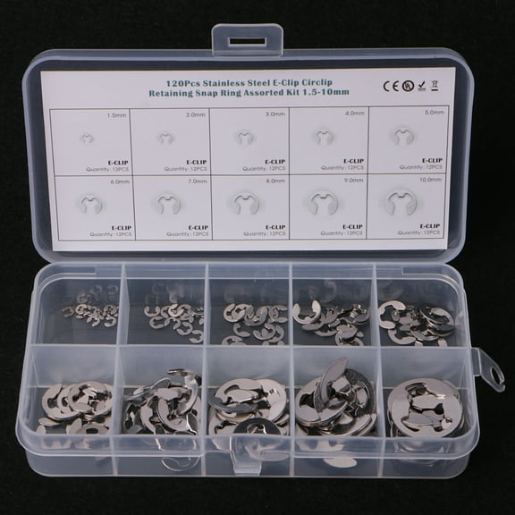 120PCS 1.5mm-10mm E-Clip Assortment Kit Stainless Steel Retaining Circlip Set