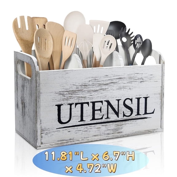 Large Wooden Rustic White Kitchen Utensil Holder - Silverware Organizer Utensil Holder for Countertop