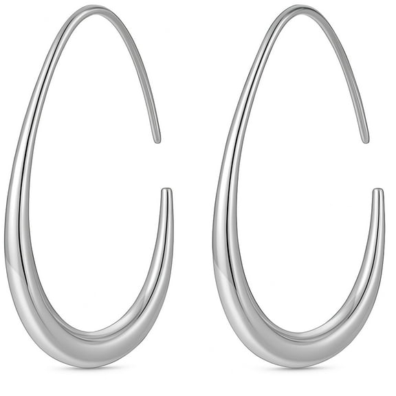 Lightweight Teardrop Hoop Earrings for Women - 14k White Gold Plated Oval Pull Through Hoop Earrings Jewelry Gift for Women
