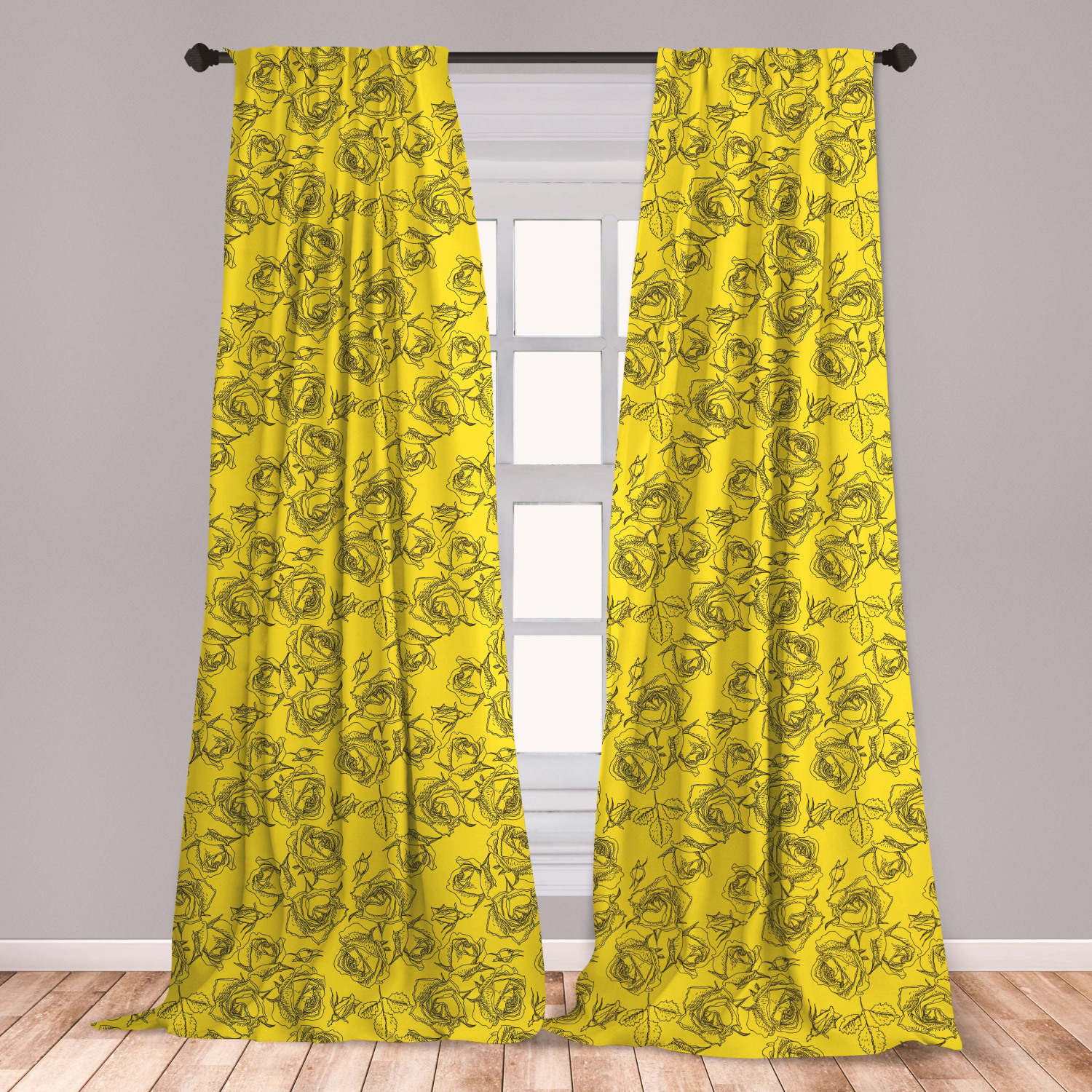 Botanical Curtains 2 Panels Set, Modernistic Monochrome Design Outline