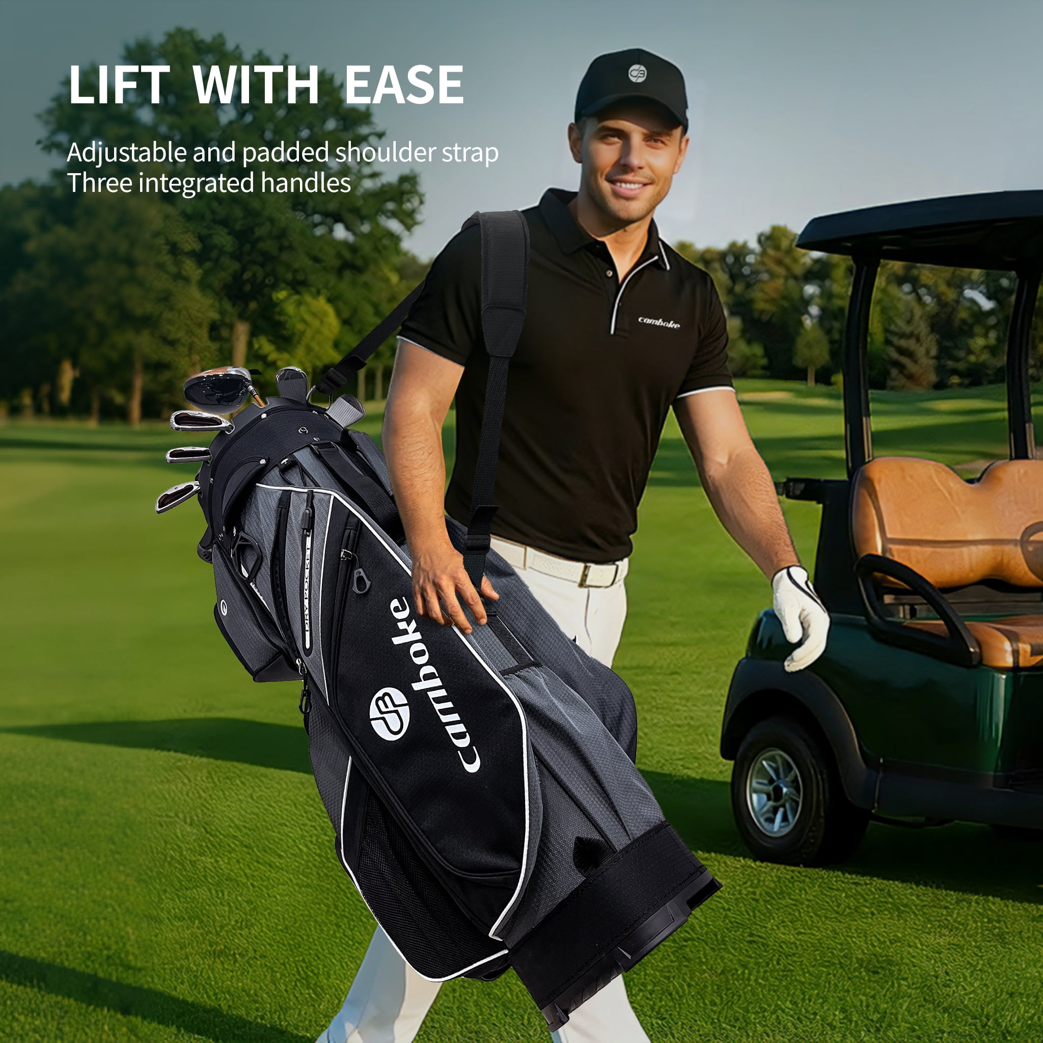 Golf Cart Bag, 14-Way Full-Length Dividers with Quiet Separators, High-Density Nylon Waterproof Material, with Insulated Cooler Pouch & Padded Shoulder Strap- Gray