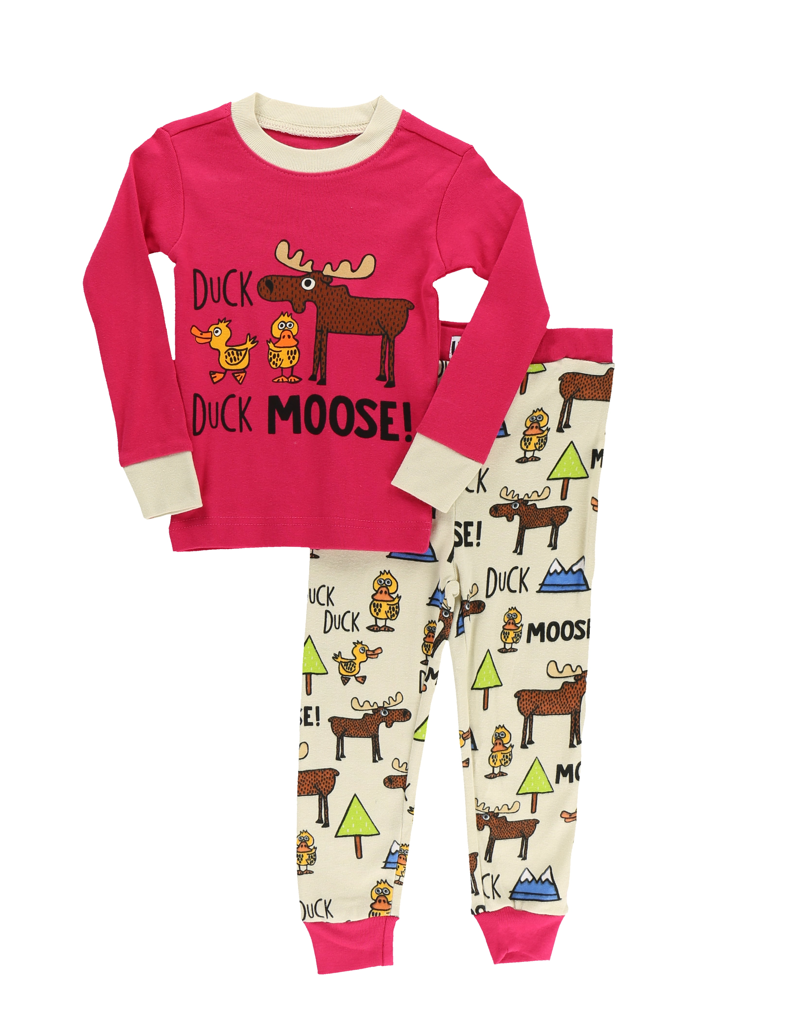 LazyOne Warm LongSleeve PJ Sets for Girls and Boys, Duck Duck Moose Pink, Funny Animal Kids