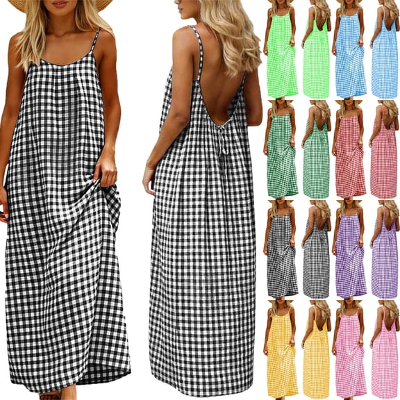 Lenago Summer Dresses for Women Sleeveless Backless Cami Dresses Spaghetti Strap Flowy Long Sundress Withback Beach Vacation Sundresses