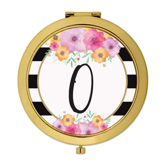Koyal Wholesale Compact Mirror Bridesmaid's Wedding Gift, Gold, Monogram Letter O, Modern Black White Stripes , 1-Pack