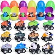 Fun Little Toys 12 PCs Pull Back Cars Filled Easter Eggs with Assorted Animal Toys, Toy Car Easter Basket Stuffers for Kids Party Favors, Easter Eggs Hunt