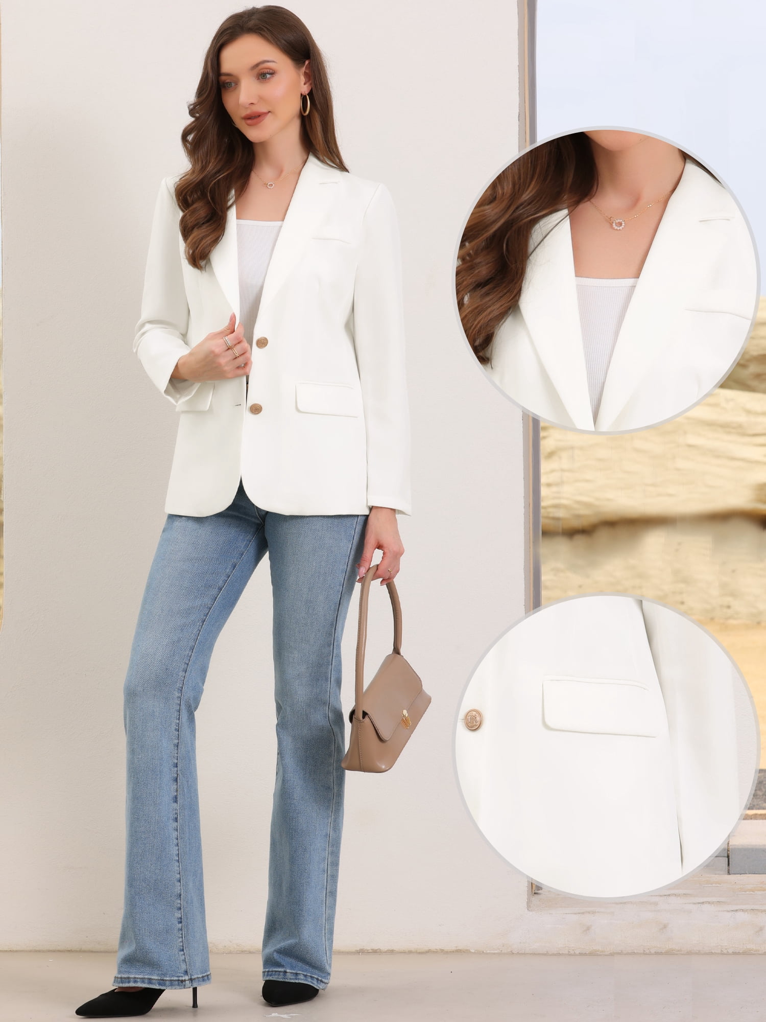 DARING DIVA Women's Business Casual Single Breasted Jacket Office Suit XL White