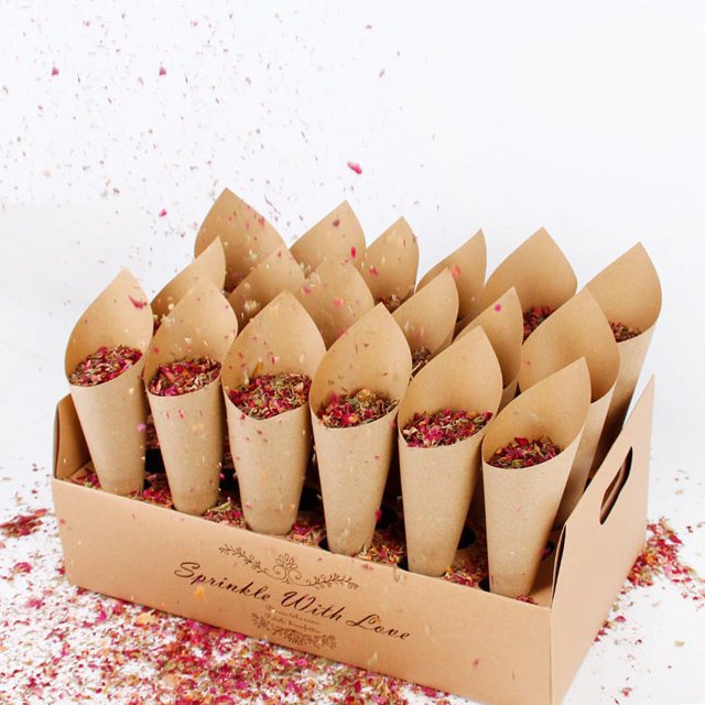 Caja de cono de papel para bodas Tubo de papel para cono de papel para bodas Bandeja decorativa de papel kraft para confeti con pétalos Confeti natural