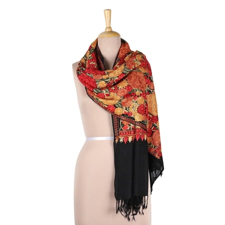 NOVICA Wool chain stitch shawl, 'Kashmir Midnight'