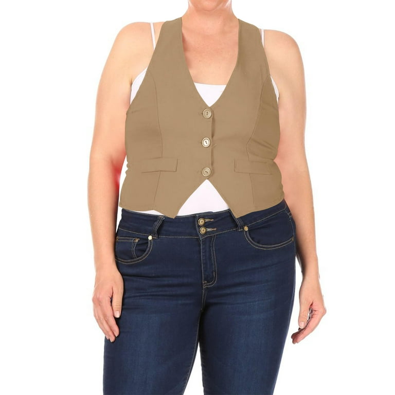 Beige Vest Top Sleeveless V-Neck Button Up Linen Blend