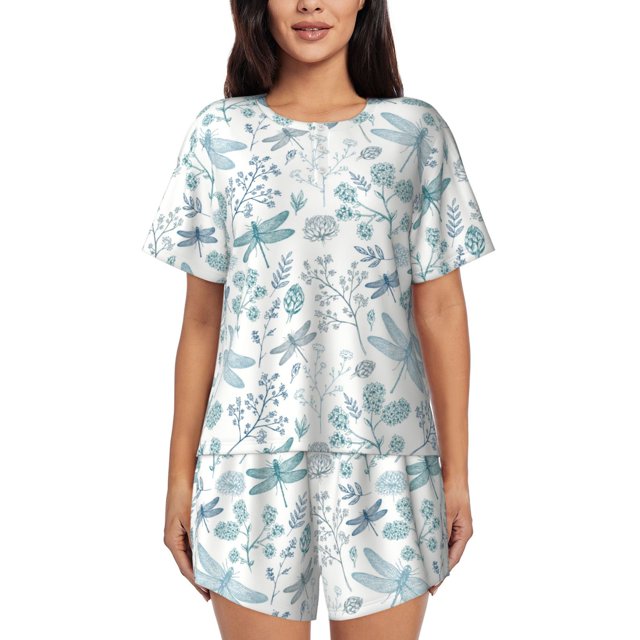 Balery Dragonfly Conjunto de Pijama para Mujer con Estampado, Dos Piezas de Manga Corta y Shorts, Ropa de Dormir Suave con Cuello Redondo y Bolsillos-Small